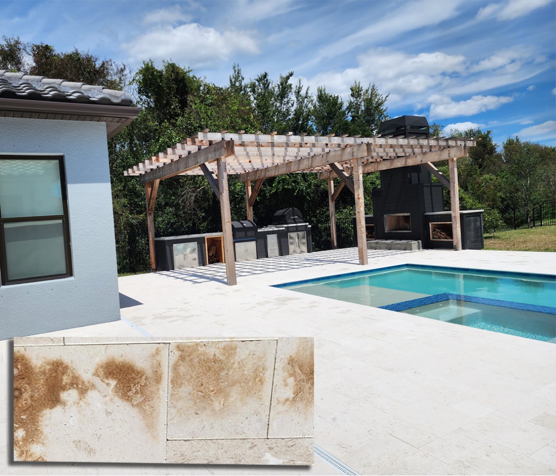 Before and after — oxidation and moisture staining removed from a travertine paver deck